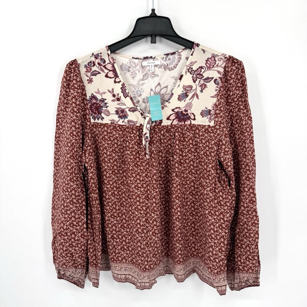 Maurices Women’s Size XL Rust Peasant Top Blouse Floral Yoke Flowy Retro Boho